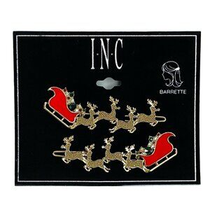 Santa and Reindeer Gold-Tone Hair Barrette Set Green Red and Clear Rhinestones